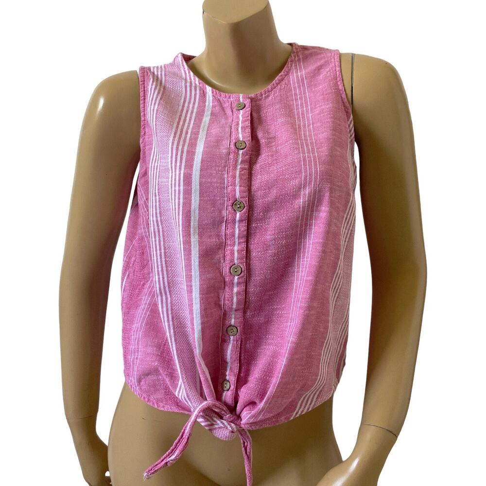 Dash Pink White Striped Sleeveless Button Up Top Womens Small Tie Front Cotton